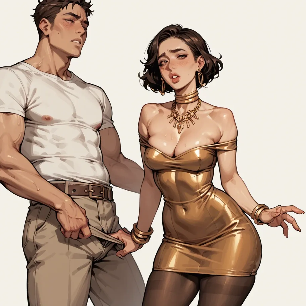 1girl,1boy, , , , high cheekbones,four legged,saggy boobs,narrow hips,skintight, cute nose,4 fingers,huge boobs,whore cleavage,wide shoulders, brown skirt,pantyhose pull,gold jewelry,blue bodysuit,running shoes, hospital room, restrained, medieval prison, mari makinami