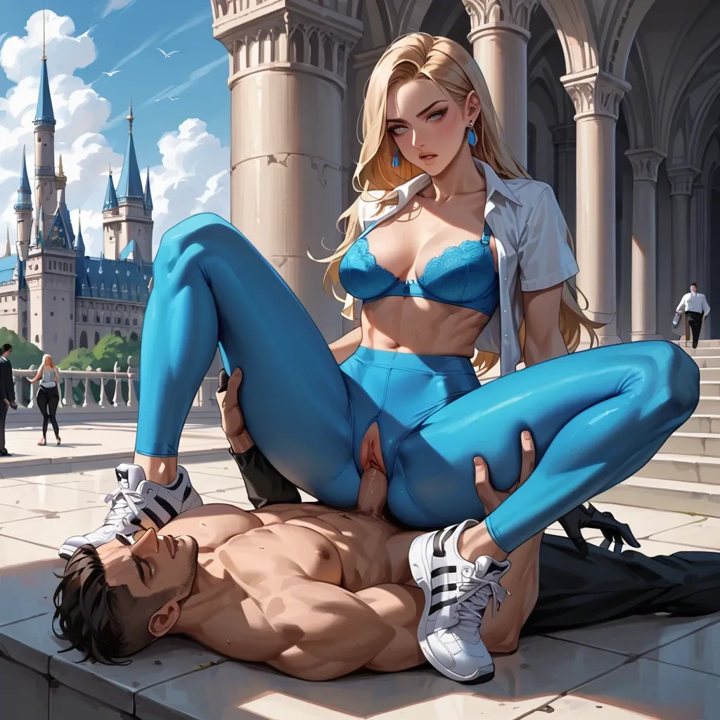 1girl,1boy, , , palace,black gloves,undersized bra,heels, formal shirt,leggings,big earrings,blue bodysuit,sneakers, gamer bedroom, new york city, castle, collarbone blonde two girls