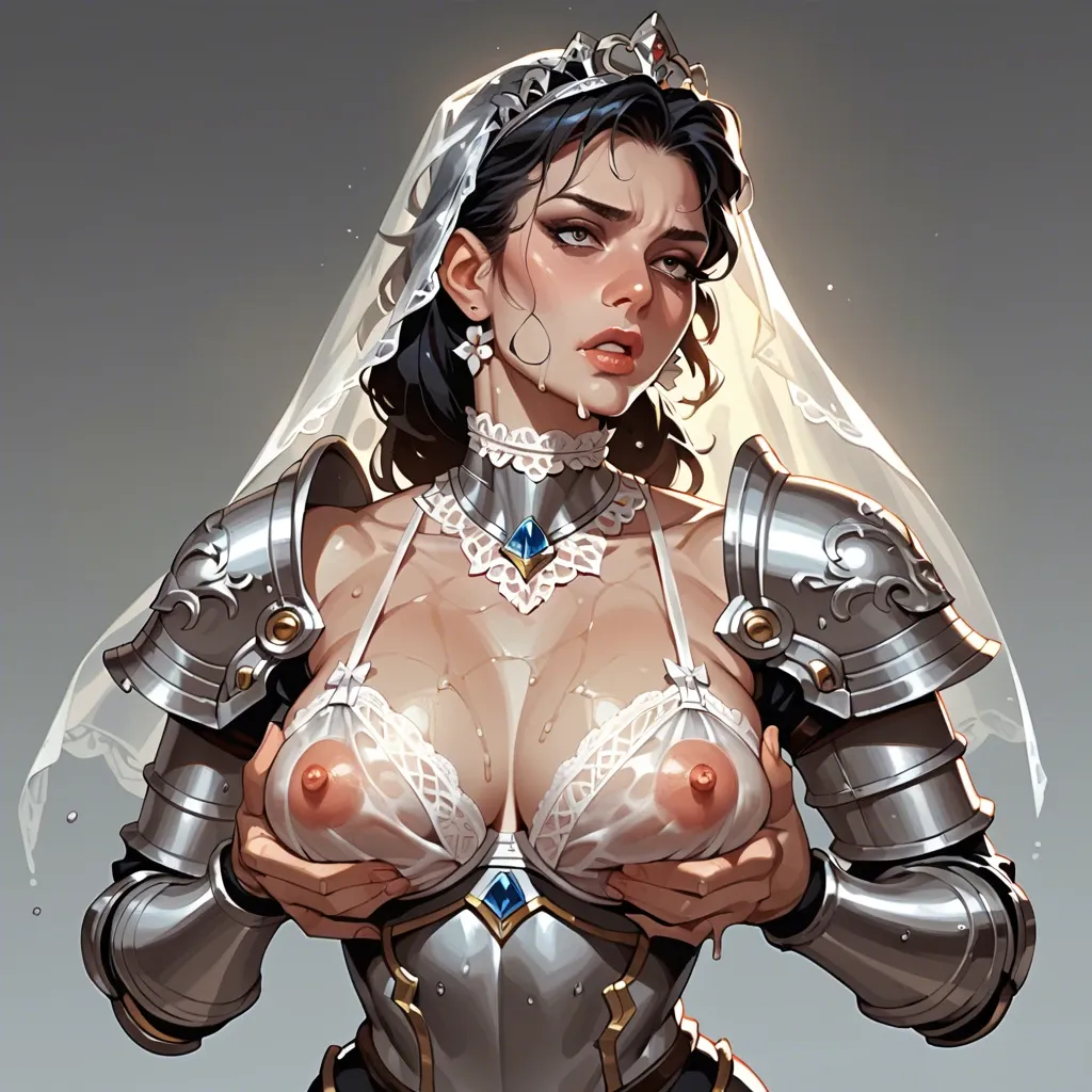 1girl,solo, , , , cheek bulge,armor,errect nipples,narrow waist,kissing neck, eyes wide open,hand on breast,puffy nipples,establishing,grey skin, collared shirt,lace choker,veil,wet bra,knee boots, bedroom eyes, street fighter, hands on table, lara croft