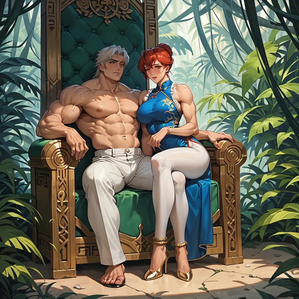 2girl, , , , china dress,biceps,big tits,hip,broad shoulders, white pants,gold anklets,metal rings,frilled bra,high heels, embarrassed, in jungle, throne room, linked collars, ariel, ayanami