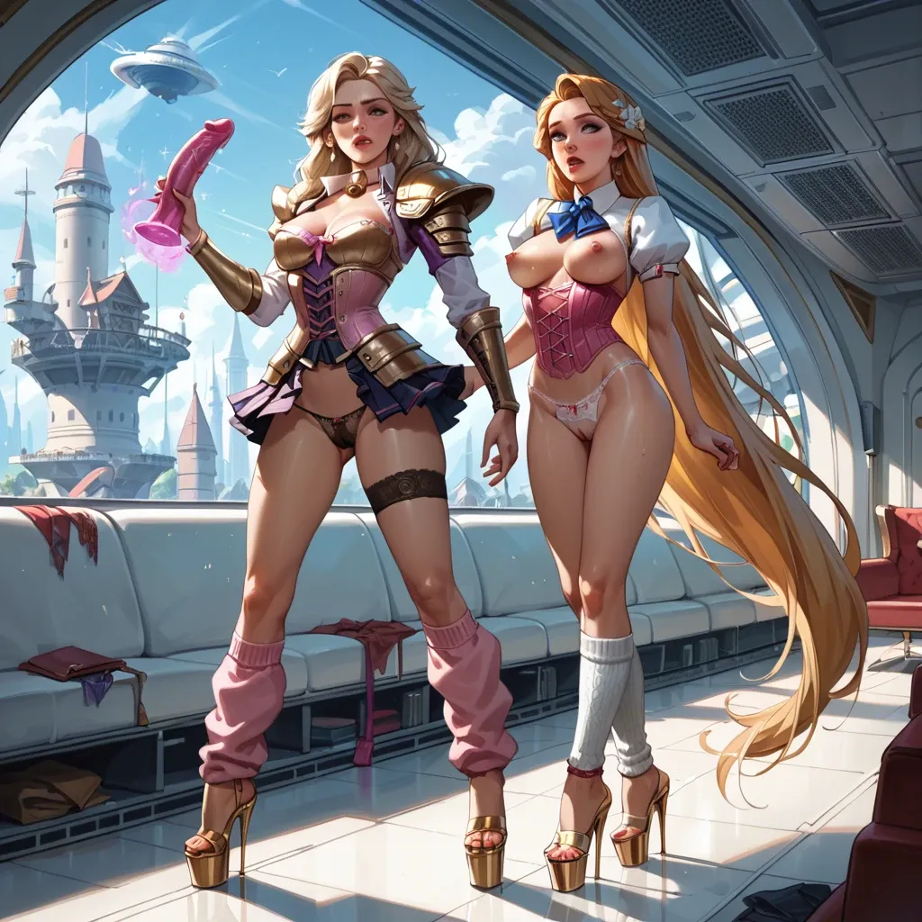 2girl, , , , strong jaw,gold armor,round breasts,pointy breasts,neck bell, school uniform,leg warmers,lace panties,pink corset,platform heels, hotel, spaceship, magic dildo, zelda, elsa, rapunzel waifu