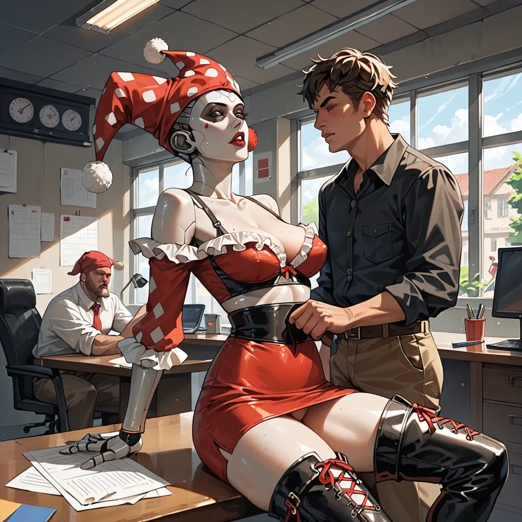 1girl,1boy, , , , outstretching,forearm,hard nipple,backwards,off shoulder, pencil skirt,laced bodysuit,jester cap,frilled bra,thigh boots, in office, parking, medieval theme, table, robot body, hyperdetailed, bright sunlight, linked collars