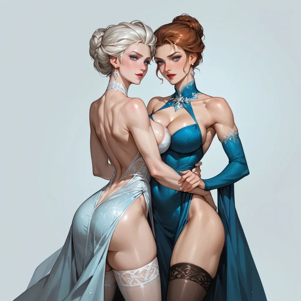 Elsa and Anna, sexy, skimpy dress, revealing, thigh highs,  large breasts, smooth skin, touching, ballroom