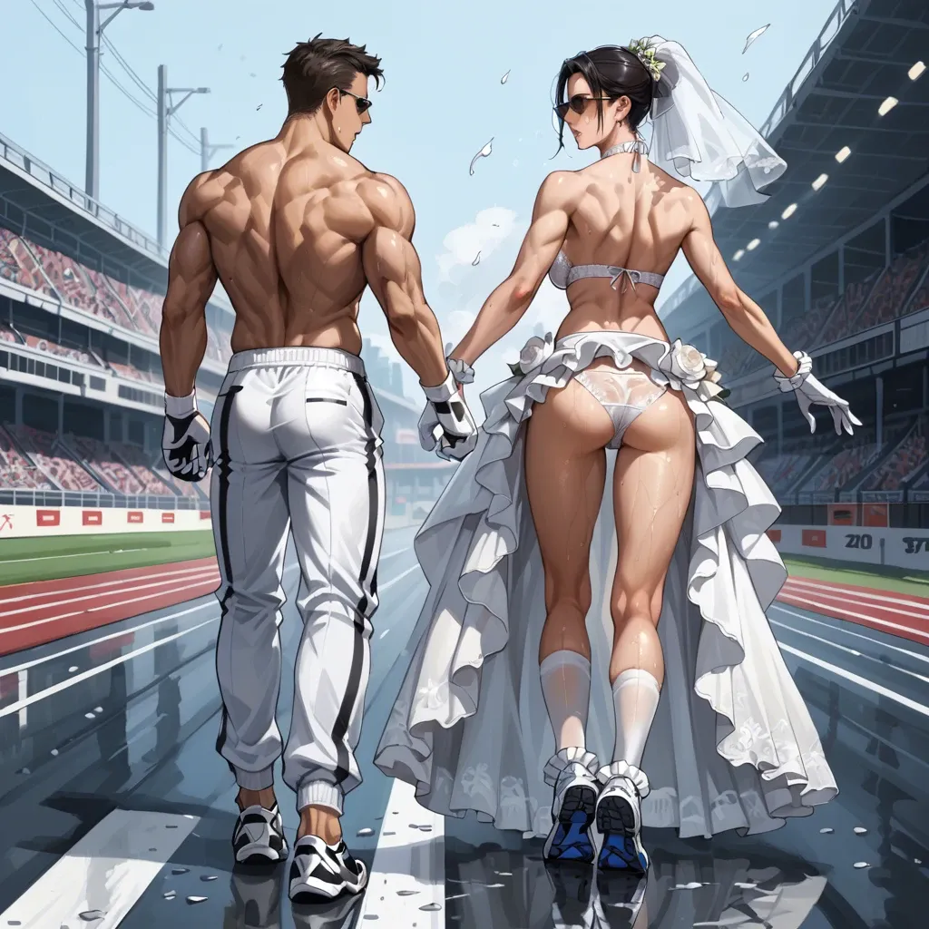 1girl,1boy, , , , watching,perfect feet,medium tits,back muscles,necktie, wedding dress,knee-high socks,racing gloves,wet panties,running shoes, sweatpants,anklets,sunglasses,frilled bikini,thigh boots, bare shoulder, street, cyberpunk, bedroom, mario and luigi, ariel, waifu