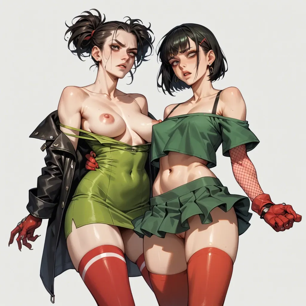 2girl, , , , strong jawline,one-handed,puffy nipples,navel hair,free shoulders, nice eyes,fingernails,perky breast,fabrics,off shoulder, dark green gown,red thighhighs,fishnet gloves,mini skirt bra,strappy sandals, dark green gown,laces,collars,thong,sandals, bare feet, new york city, medieval, floating dildo, respectable, zelda sd, johanna, reinhardt