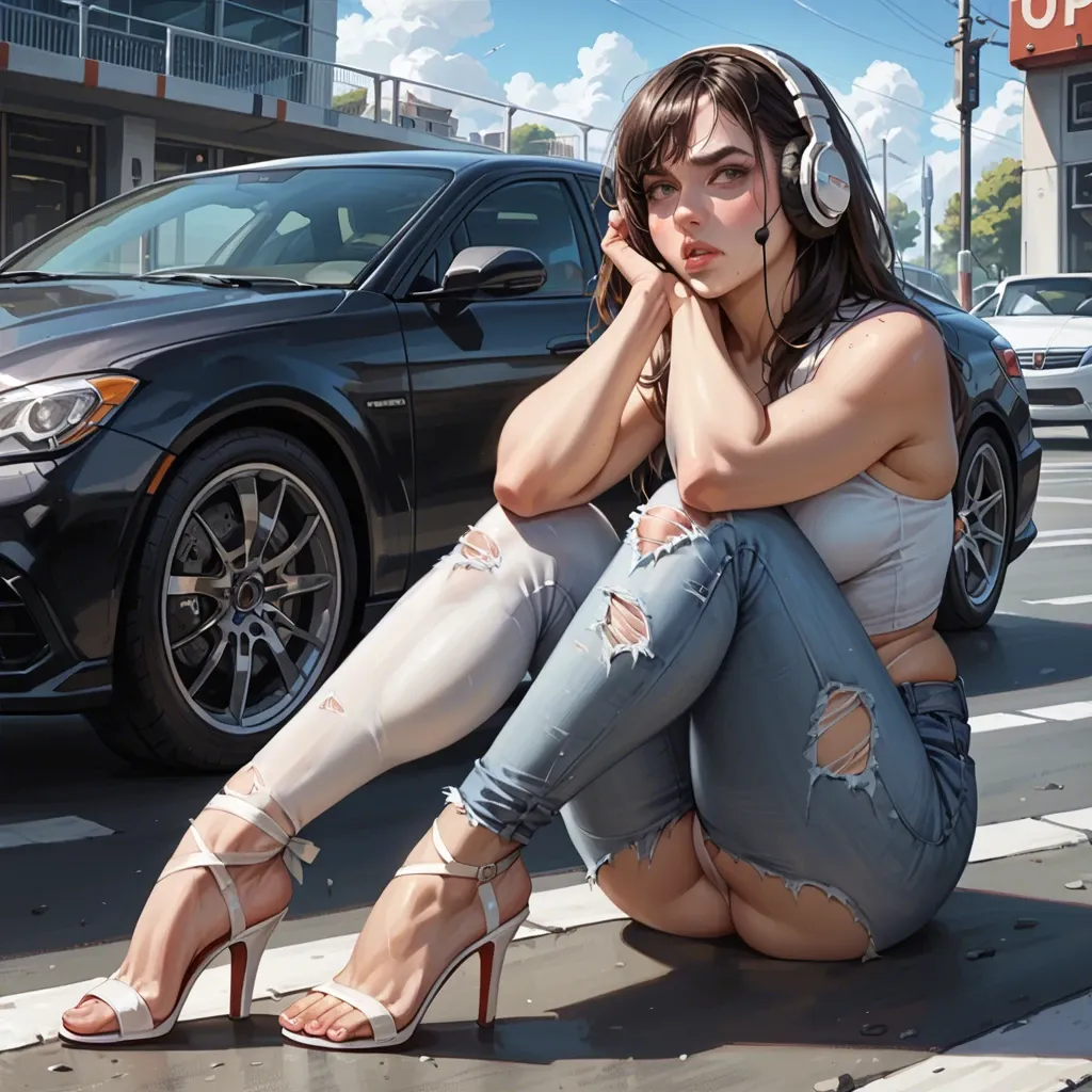 2girl, , , , cheek press,closed legs,round boobs,wide plump hips,textured skin, torn jeans,white pantyhose,legs tied,thong,stiletto heels, barefoot, parking, spaceship, headphones, realistic style, brightly lit, elsa