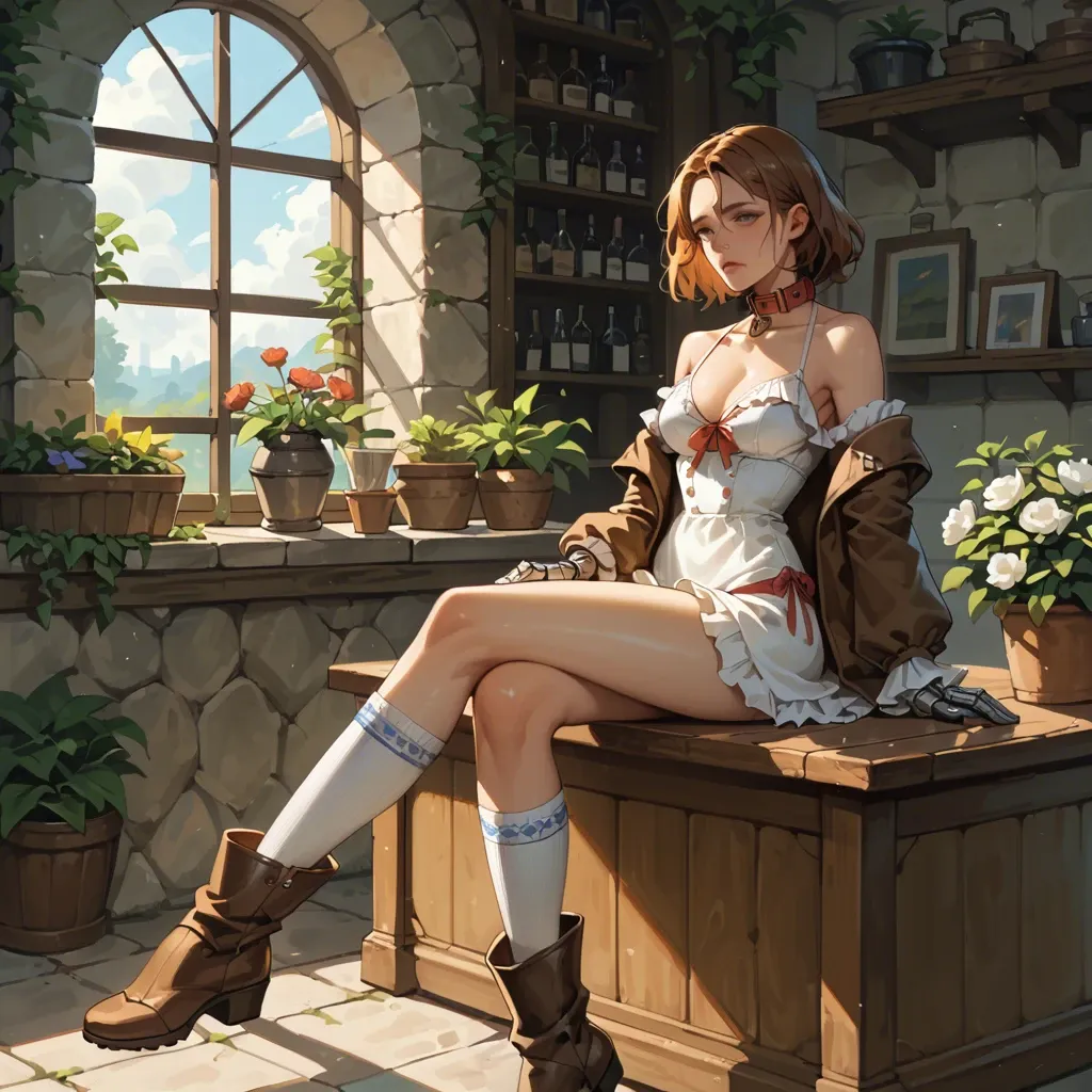 1girl,solo, , , , robot eyes,long legs,round tits,bar background,bare shoulders, brown jacket,knee socks,frilled gloves,bikini up,knee boots, bedroom, garden, medieval dress, sitting on desk, dog collar, rapunzel, dynamic view