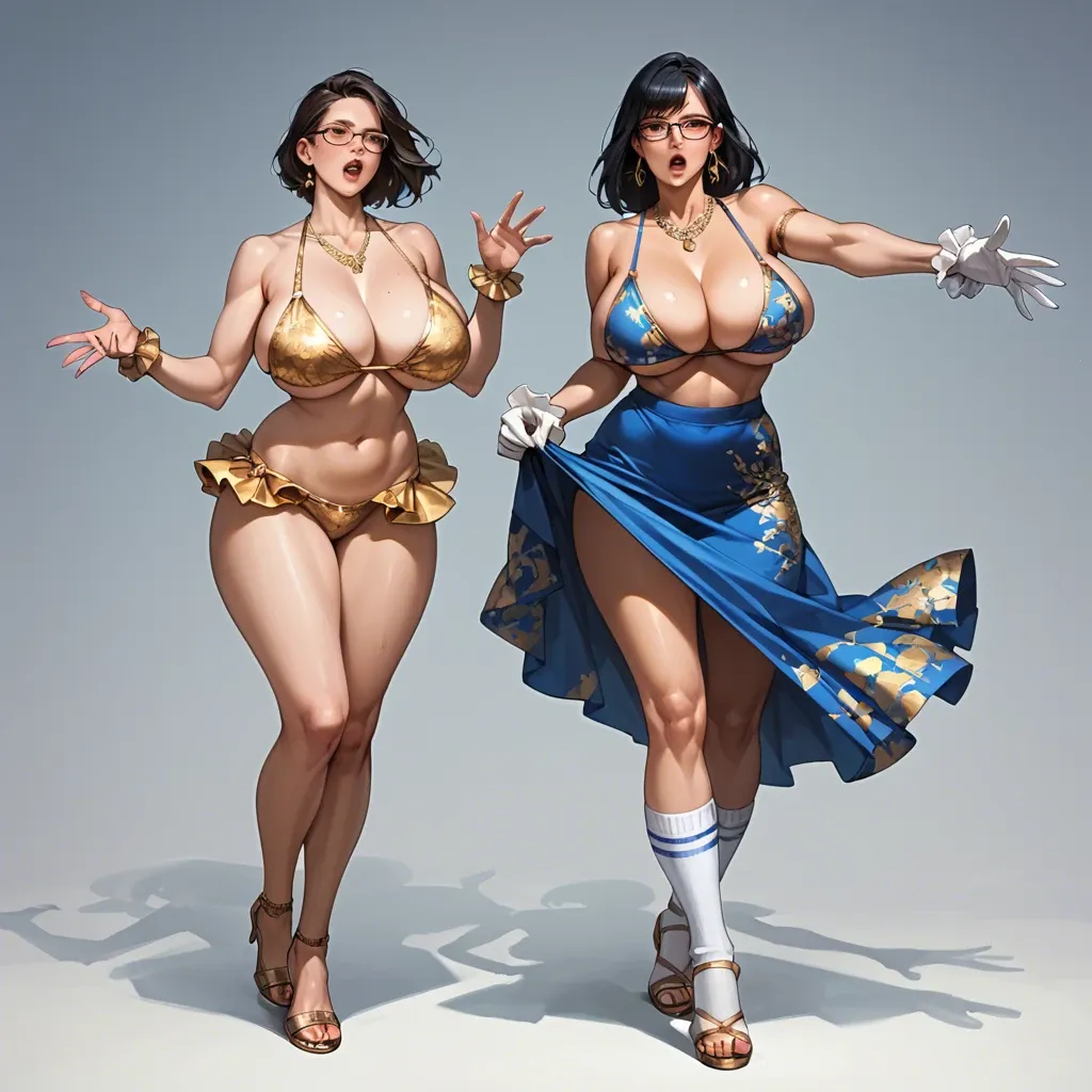 2girl, , , , reaching out,stiletto heels,huge breast,very wide hips,gold necklace, lifted skirt,gold necklace,glasses,print panties,strappy sandals, blue skirt,baggy socks,frilled gloves,bikini up,shoes, in the office, medieval theme, princess peach, anna and elsa