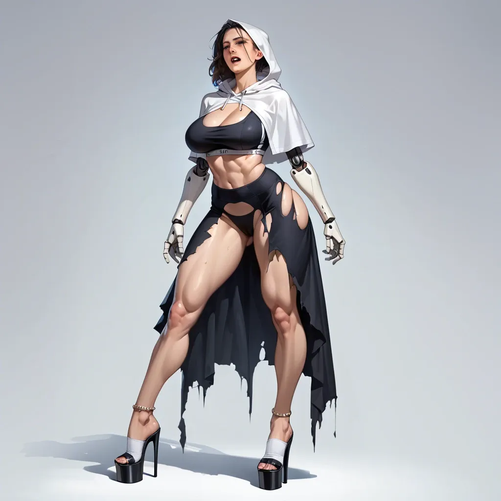 1girl,solo, , , , perfect teeth,correct hands,big breast,round breasts,robot joints, long dress,anklets,black panties,sports bra,platform heels, hoodie,white socks,capelet,torn bodysuit,high heels, white crop top,black leggings,nipple rings,panties visible,armored boots, barn, public park, cyberpunk, linked collars, android 18, lara croft, jasmine, sailor moon