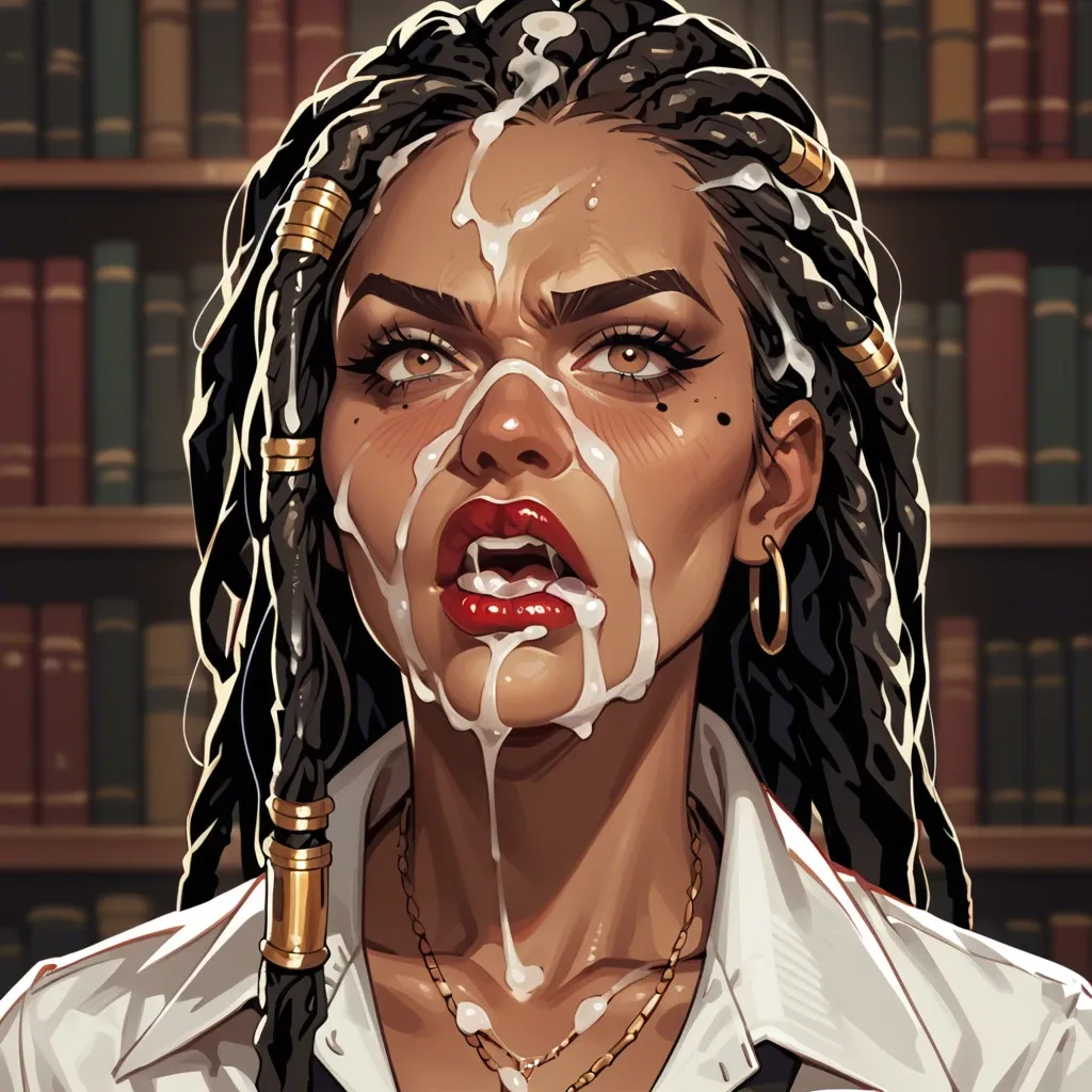 Close up, portrait,  black woman, dreadlocks, red lipstick, college professor, angry,  cum in hair, cum in mouth, cum on face, bookshelves