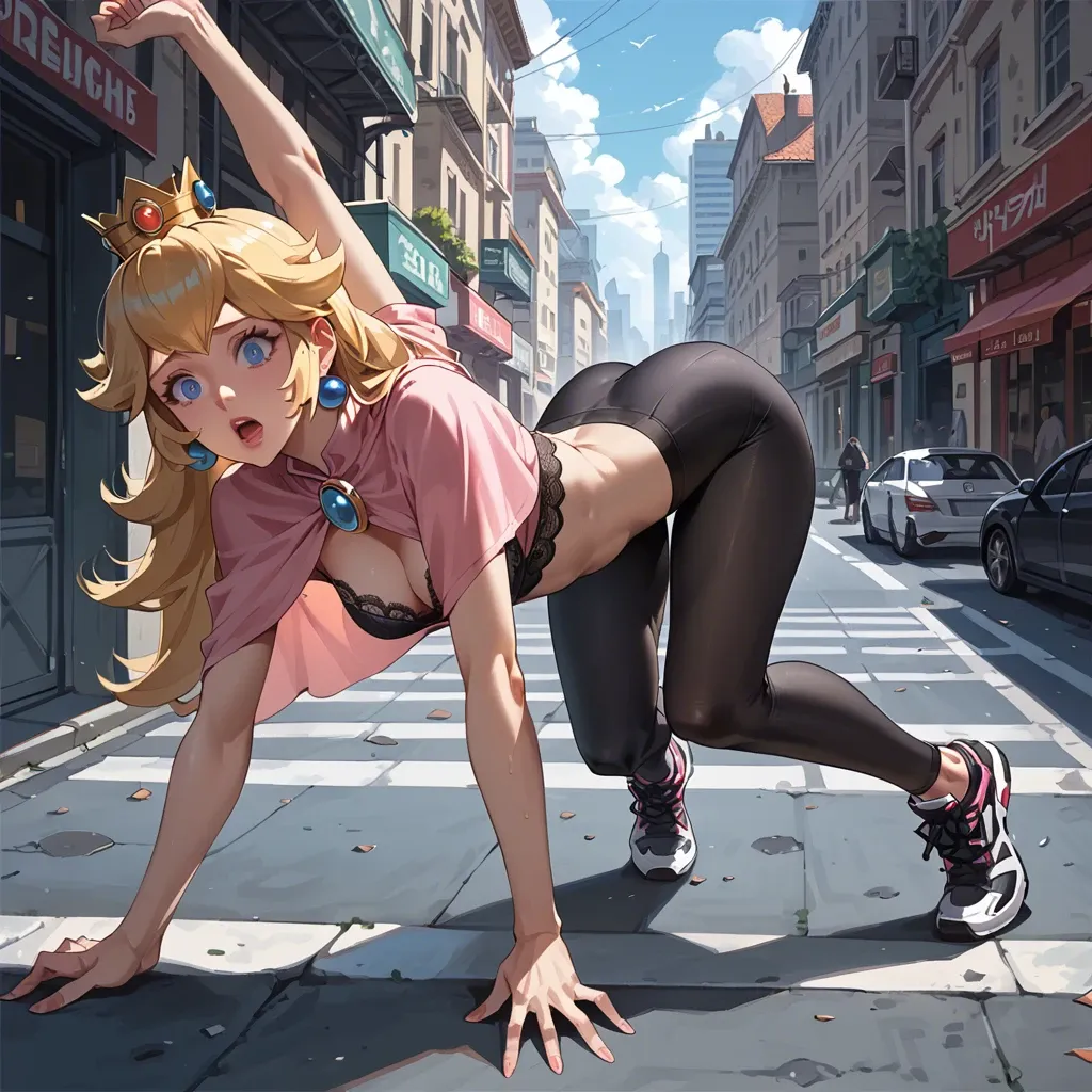 1girl,solo, , , , outstretching,trained thighs,firm breasts,city background,skin indentation, downblouse,leggings,capelet,black lace bra,black sneakers, on the street, robot eyes, princess peach, belle