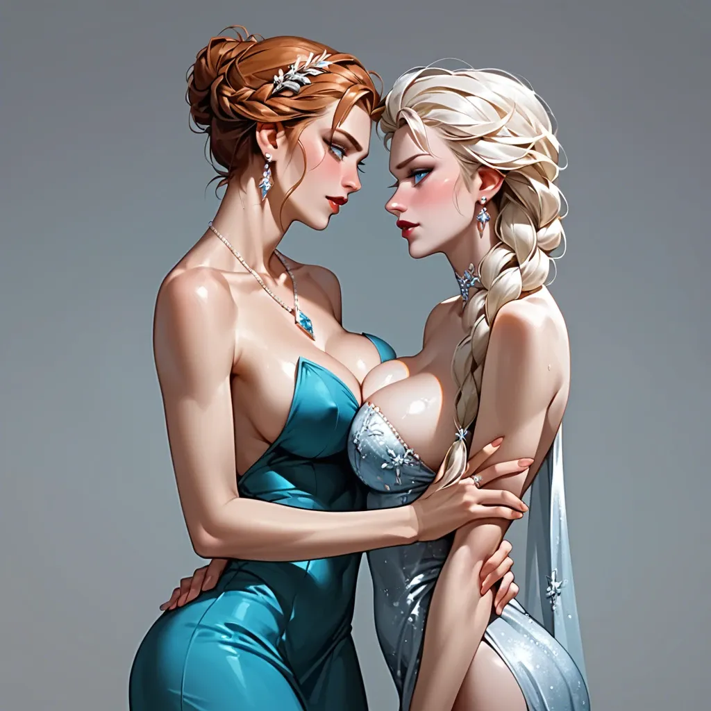 Elsa and Anna, sexy, skimpy dress, revealing, large breasts, smooth skin, touching,