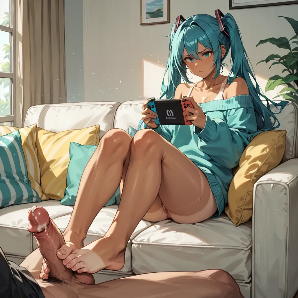 Brazilian Miku Hatsune sitting on couch in the living room and playing on handheld console. Bored. Tanlines. Only wearing a oversized sweater. Giving a footjob to an average man, not concentrating on the footjob, but looking on her handheld console. Cum on feet and running between toes. Night and dimm light.