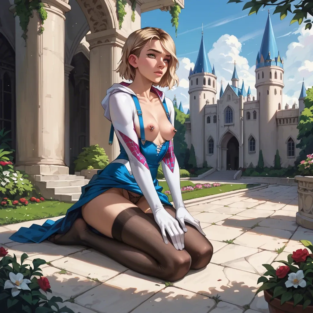 1girl,solo, , , , high nose,legs tied,pierced nipples,love handles,collarbone, blue dress,black stockings,suspenders,cotton panties,no shoes, palace bedroom, in a garden, castle exterior, spider-gwen, nami