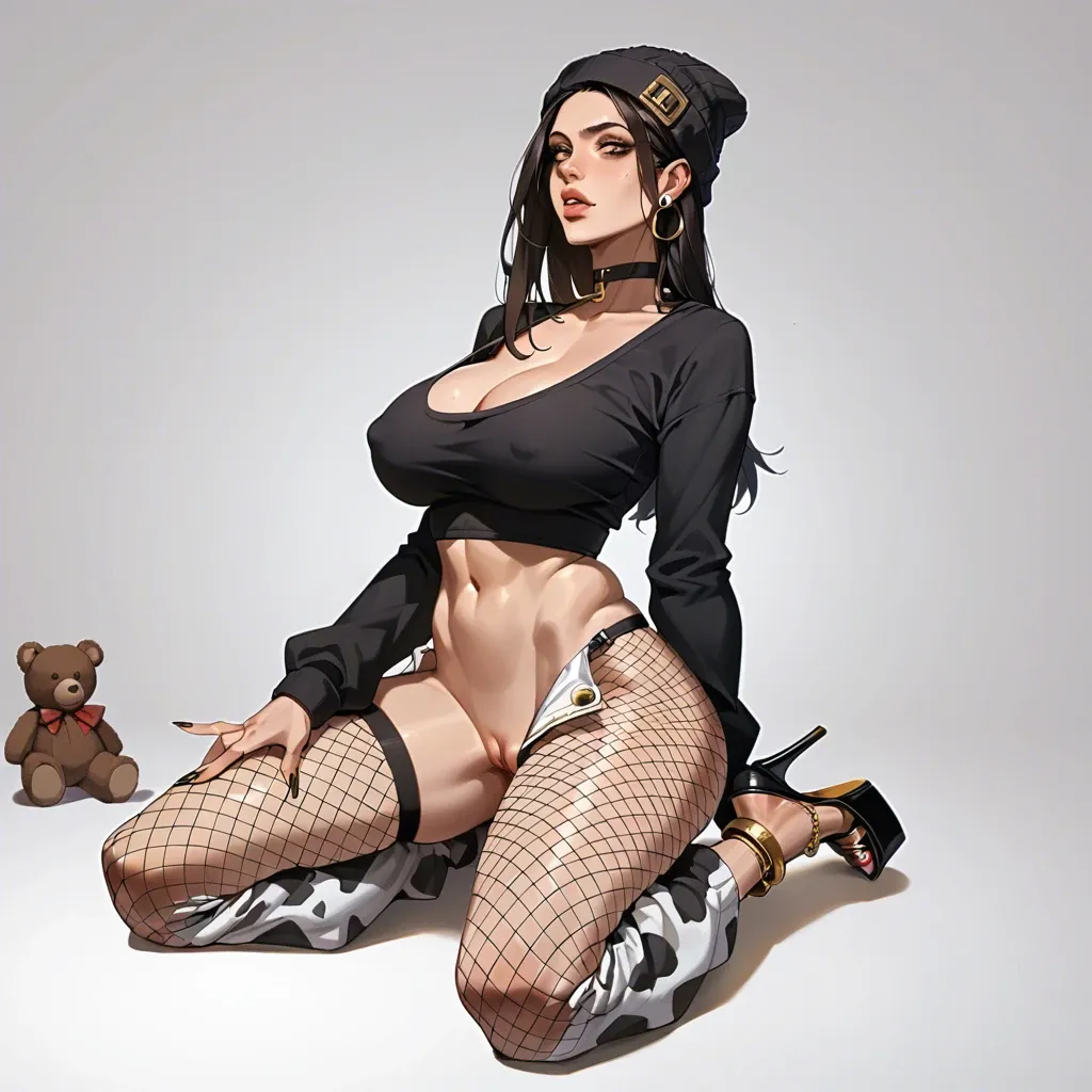 1girl,solo, , , , gold eyes,legs in v,large breasts,fabrics,girl kneeling, cow costume,gold anklets,beanie,teddy,platform heels, baggy pants,fishnet,black choker,no panties,heels, undressing,striped bikini,tie clip,swimsuit,sneakers, shibari, caulfield, tavern setting, robot body, hyper-detailed, dark, wonder woman