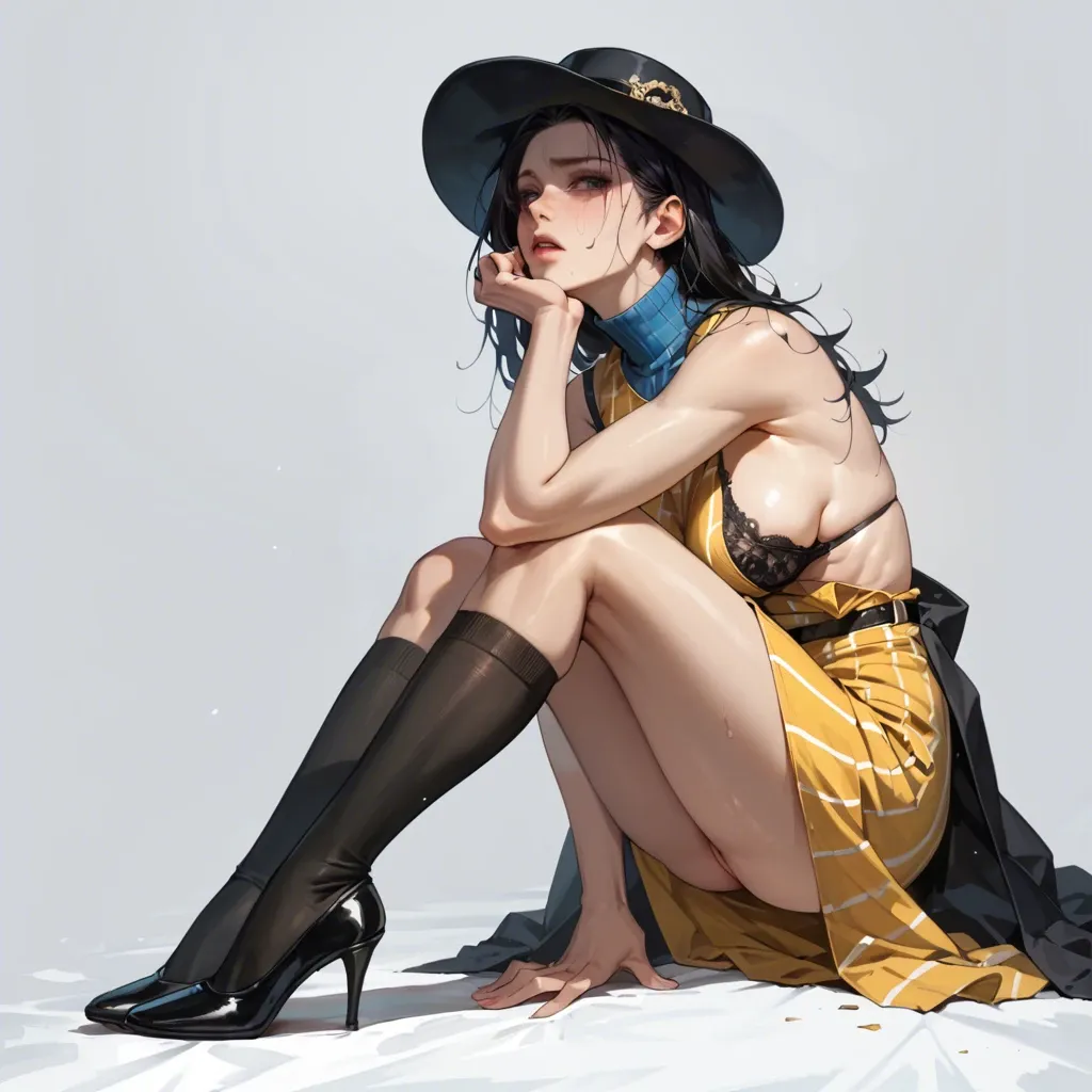 1girl,solo, , , , cheek bulge,on knees,large boob slip,on her back,blue turtleneck, shirt torn off,knee-high socks,black hat,black lace bra,high heels, yellow dress,striped clothes,circle glasses,black corset,stiletto heels, couch, alleyway, dungeon, anime coloring, dark eyeshadow, princess zelda, ariel, waifu