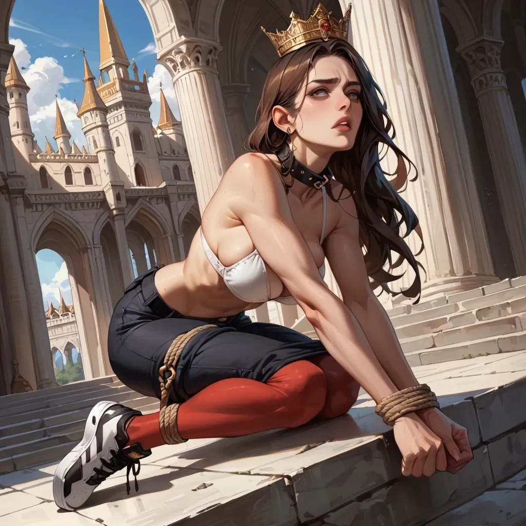 1girl,solo, , , , dark grey eyes,bound ankles,big perky boobs,squish breast,shoulders, pants down,red stockings,black collar,bra,black sneakers, police uniform,palace,gold crown,white bikini,brown boots, shower, park, castle exterior, spider-gwen, ariel waifu