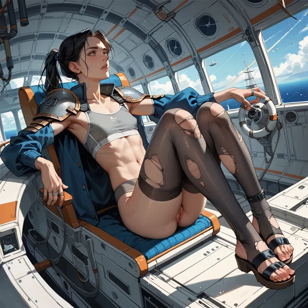 1girl,1boy, , , , thin nose,perfect feet,round tits,ship,slim ankles, double chin,torn thighhighs,flat chest,space ship,shoulder pads, blue jacket,sexy stockings,rings,gray sports bra,sandals, silk gown,anklets,big earrings,beige bra,gothic boots, barefoot, mountains, cyberpunk, table, robot body, source anime, bright day, linked collars, spider-gwen