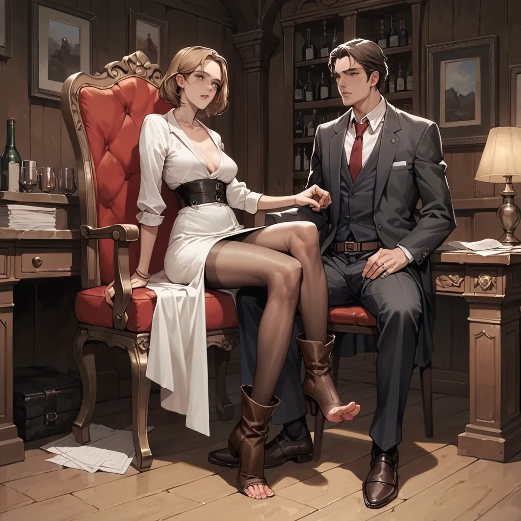 1girl,1boy, , , , grey eyes,five toes,saggy boobs,waist,pale white skin, long dress,pantyhose,metal rings,black panties,brown boots, office room, caulfield, tavern, throne room, detailed art, nightgown, link, jasmine, mari makinami