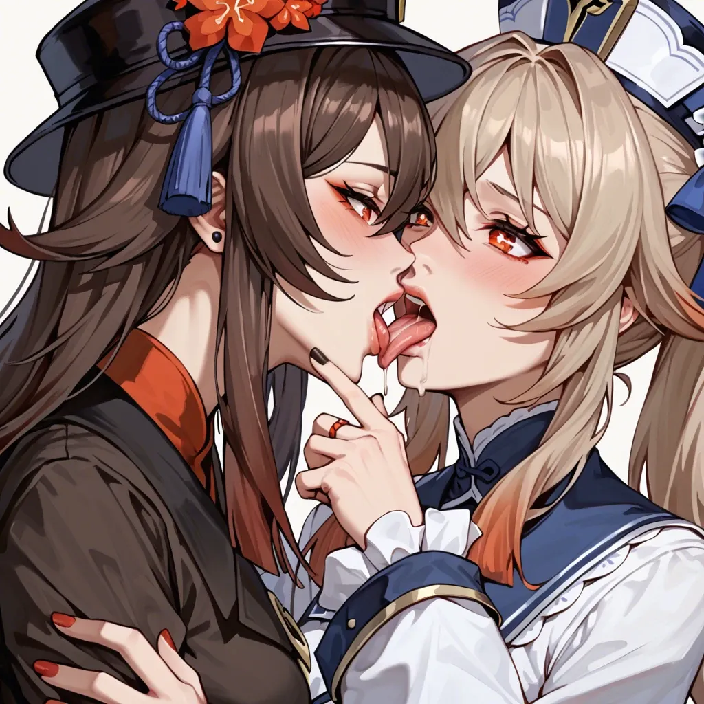 Barbara, Hu Tao, 2girl, kiss, genshin impact, 4k, hornei, Excitement, long tongues, Yuri