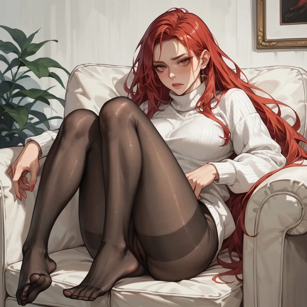 Girl, red hair, white sweater, tights, in an armchair, shows her feet , not sexy