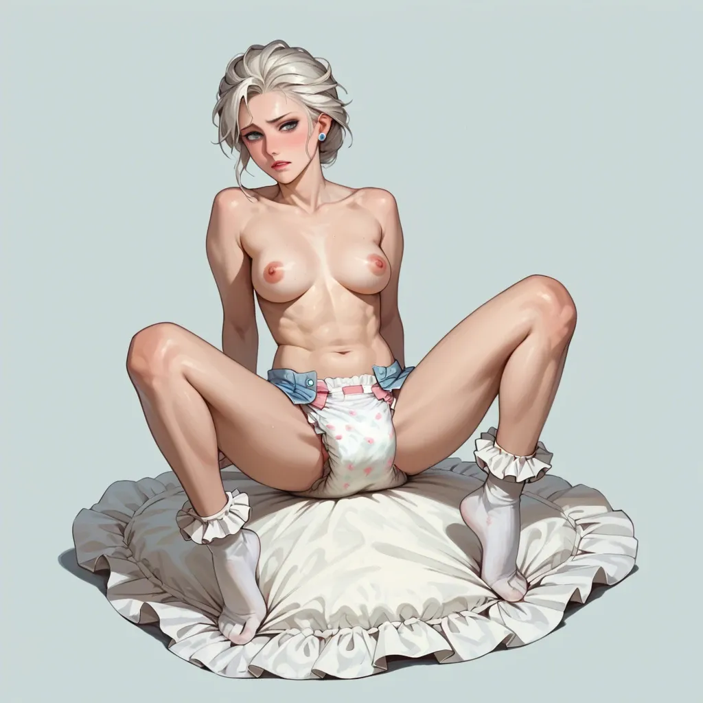 Front view, Full body, studio ghibli art style, (shemale elsa), (used messy diaper:2.1), ruffled socks, horny, nude,