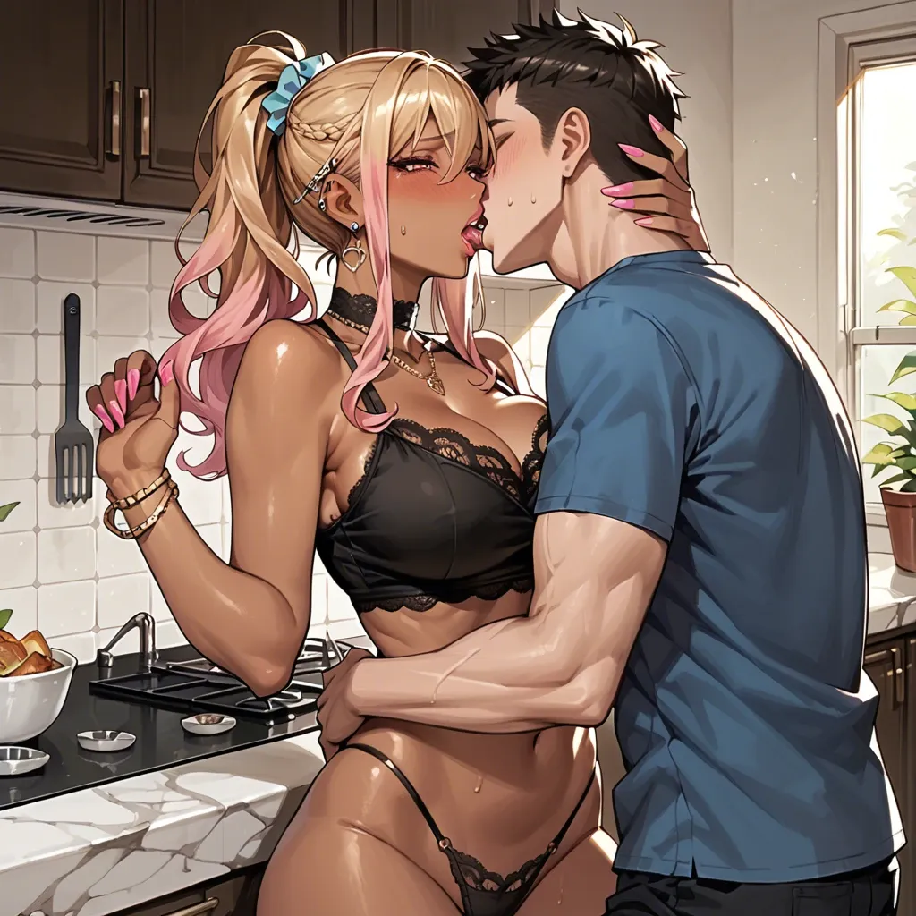 1girl, gyaru, boy, lace crop top,black lace highleg thong ,shy face, kitchen,  boy gropes girl's body, french kiss