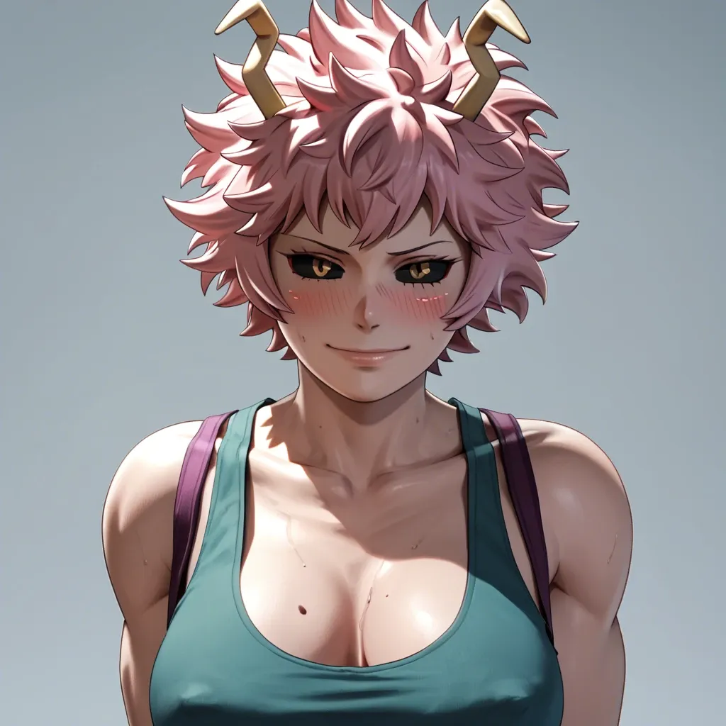 3D, Mina Ashido from My Hero Academia, clean detailed face, pink cotton panties, tank top, seducing challenging smirk, blushing