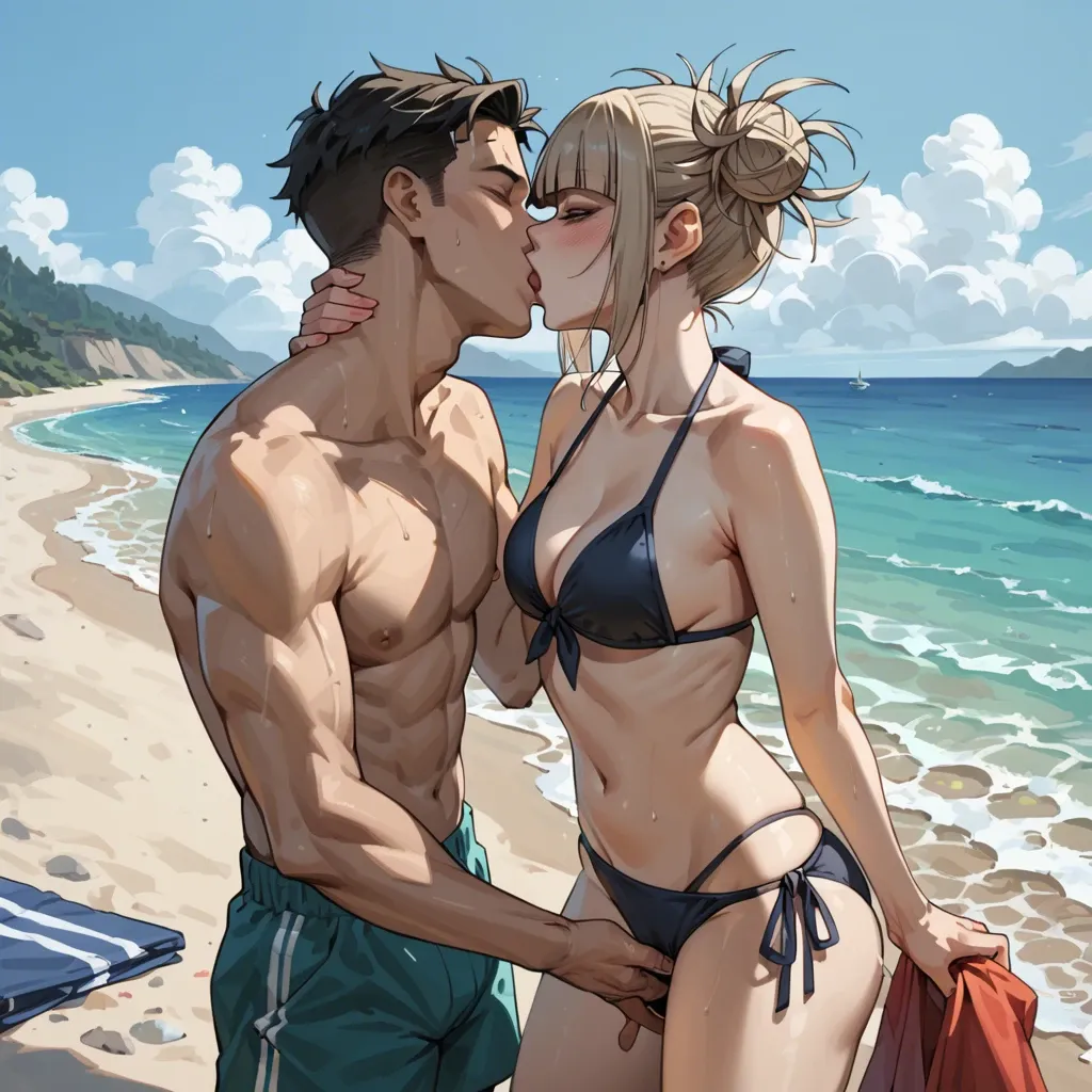 1boy, 1girl, himiko toga, beach, standing, kissing, bikini, swimming trunks, fingering