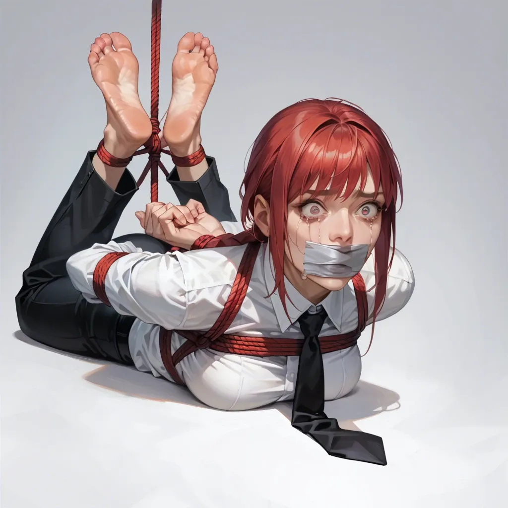 Makima, shocked, scared, crying, perfect face, ultra realistic, masterpiece, feet up, laying on stomach, rope bondage, hands behind the back, tightest bondage, ball gag, droolwhite shirt, black trousers, black necktie, barefoot, perfect feet, perfect soles, face view