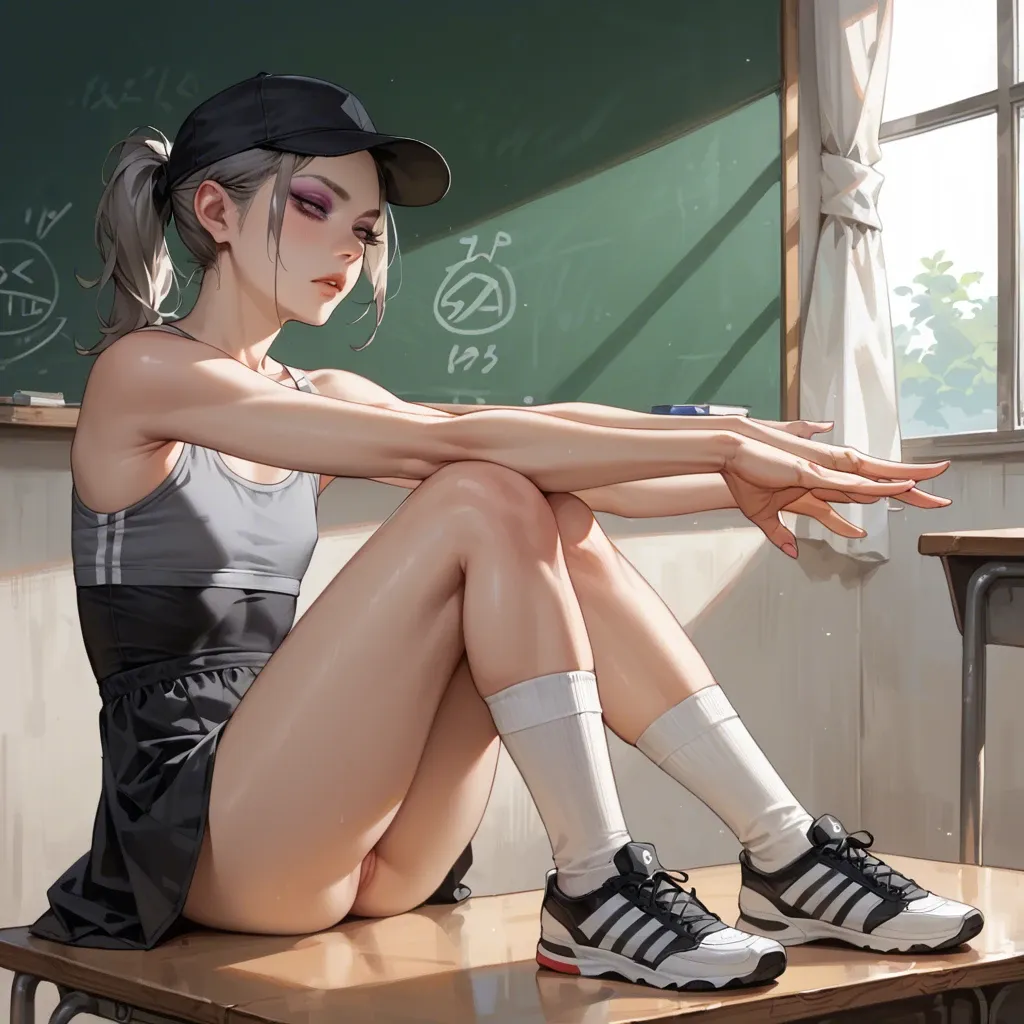 2girl, , , , eyeshadow,wrists,round boobs,bar background,knees up, outstretching,knee,flat chest,medium hips,bare shoulder, black dress,white socks,garrison cap,gray sports bra,shoes, classroom, streets, spaceship, girl lara croft, rapunzel waifu, dynamic view