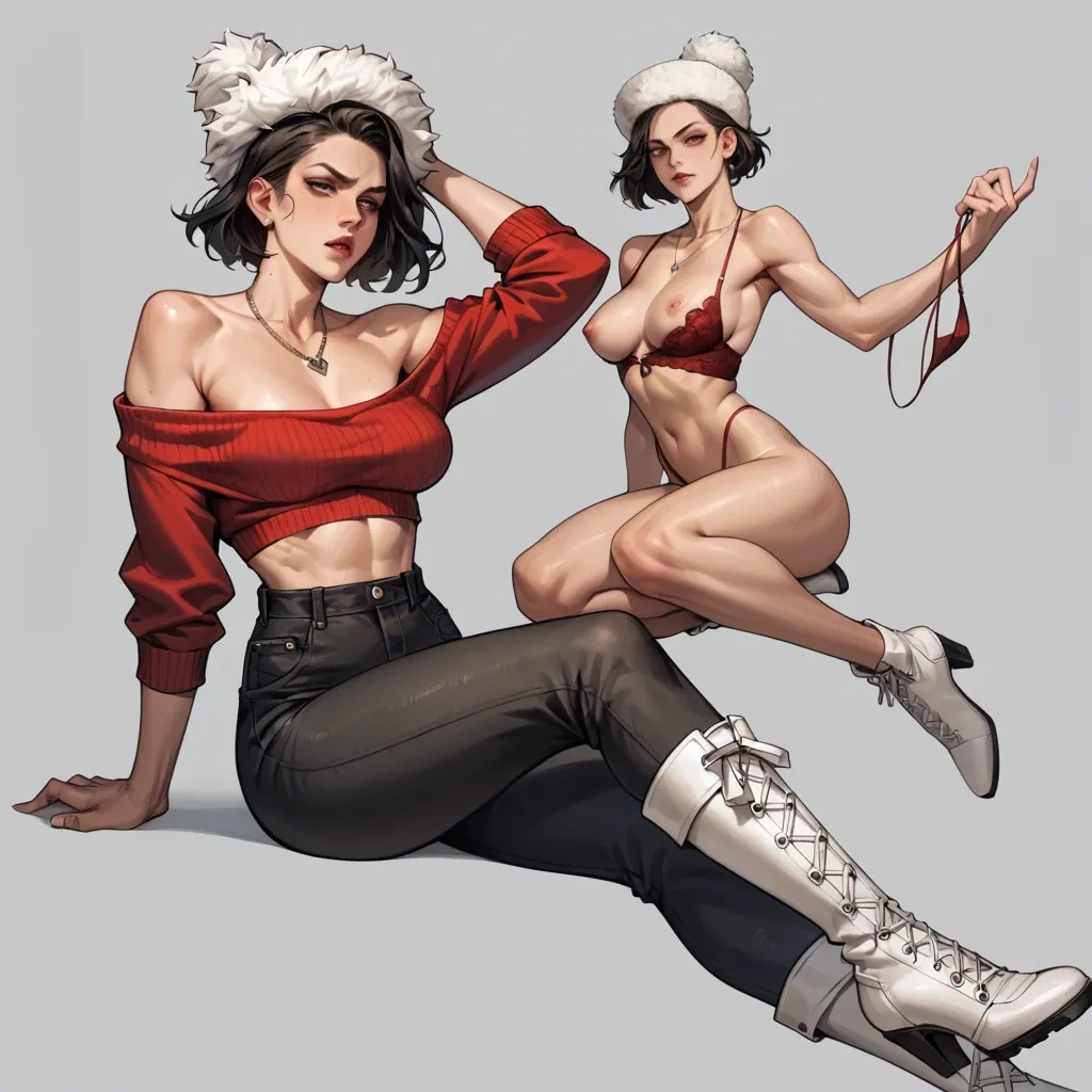 2girl, , , , strong jawline,arm raised,pointy nipples,microwaist,off shoulders, red sweater,lace stockings,fur hat,sexy lingerie,ballet shoes, unzipped pants,necklace,necklace,bikini pull,white boots, sweater lift,red stockings,tiara,black bikini,high heels, cyberpunk, computers, lying on a bed, detailed art, cold night, linked, rapunzel waifu