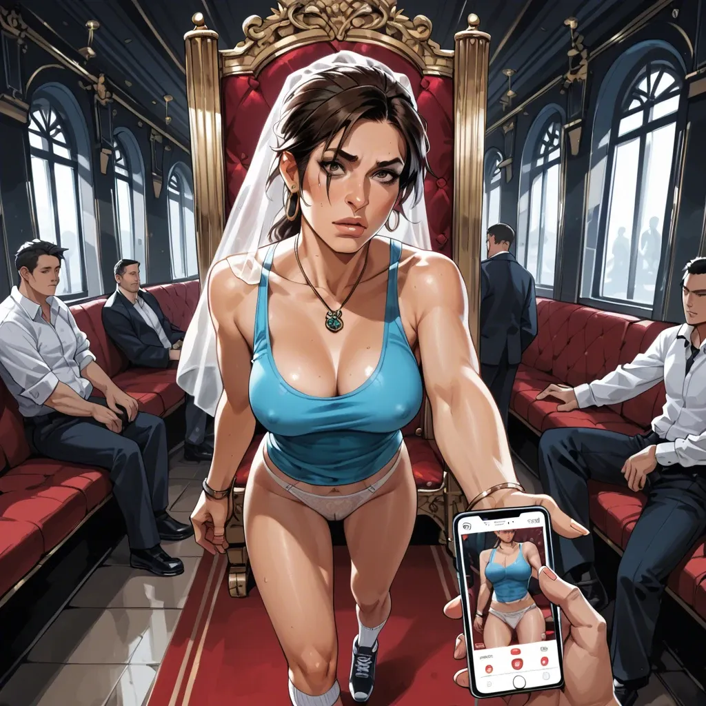 1girl,1boy, , , , thin nose,hands,perky breasts,soft breasts,tank top, underpants,white socks,white veil,panties,running shoes, crowded train, throne room, phone pov, cartoon, nightclub, lara croft, spider-gwen, ayanami