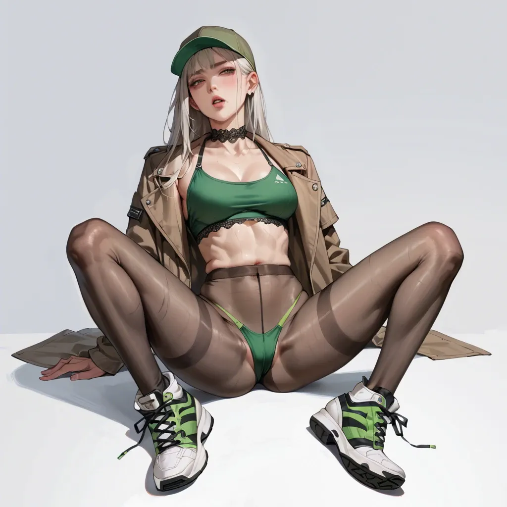 1girl,solo, , , , cheeks,slim ankles,light areolae,breasts grab,pale skin, black crop top,white stockings,lace choker,green swimsuit,high heels, brown jacket,black pantyhose,cap,thong,sneakers, palace bedroom, cyberpunk, android, realistic face, golden hour, super mario, spider-gwen, dynamic angle