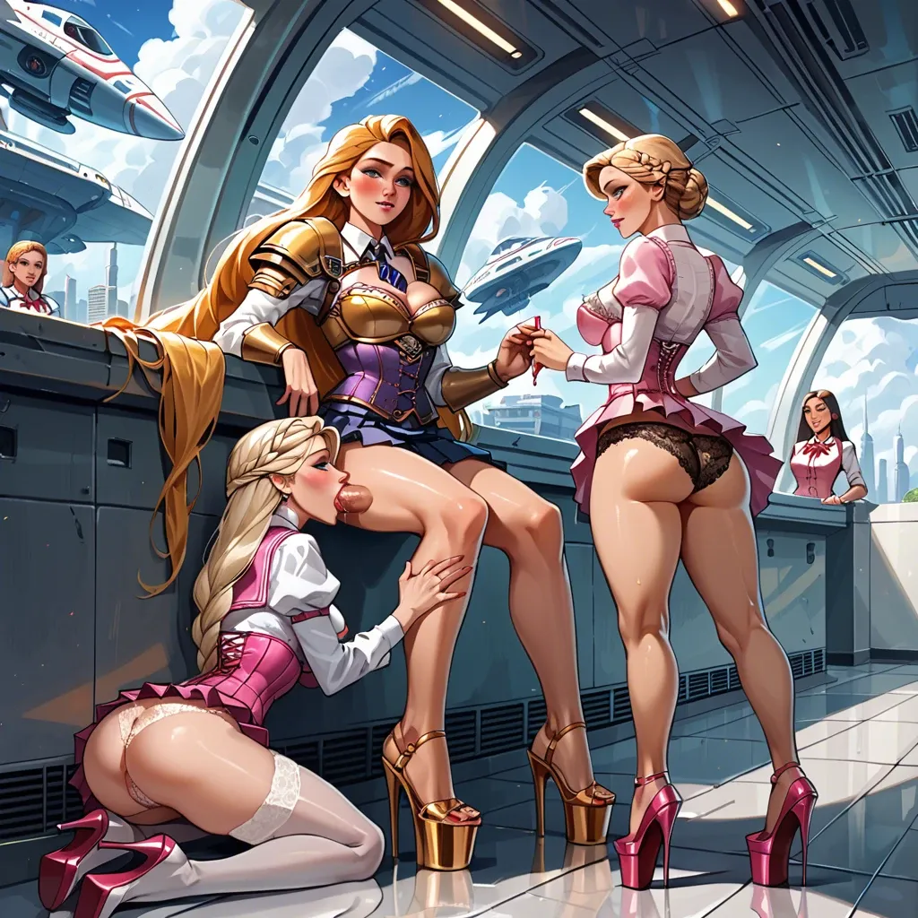 School uniform, sexy, seductive, lace, lace panties, pink corset, platform heels, gold armor, round breast, spaceship, 3girls, Zelda, Elsa, Rapunzel, waifu, school, hotel, blowjob