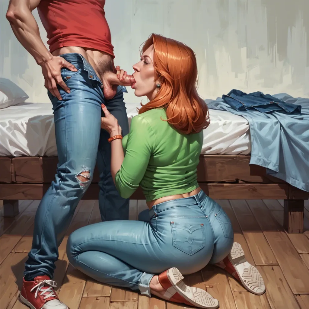 realistic,detailed,mature lois griffin, youngfull+teeny+skinny son dipper pines,teeny penis,he sitting on bedside,blowjob,She's on her knees on the floor,back view,shirt,jeans