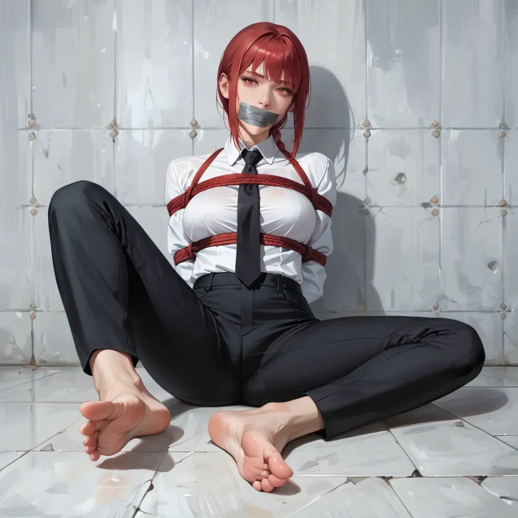 Best quality, masterpiece, ultra realistic, 4K, 8K, full body, Makima, rope bondage, red ball gag, teasing, perfect face, perfect feet, perfect soles, 5 toes, beautiful eyes, white shirt, black trousers, black necktie, no shoes, rope bondage, tightest bondage, rope hogtied, red ball gag, front view