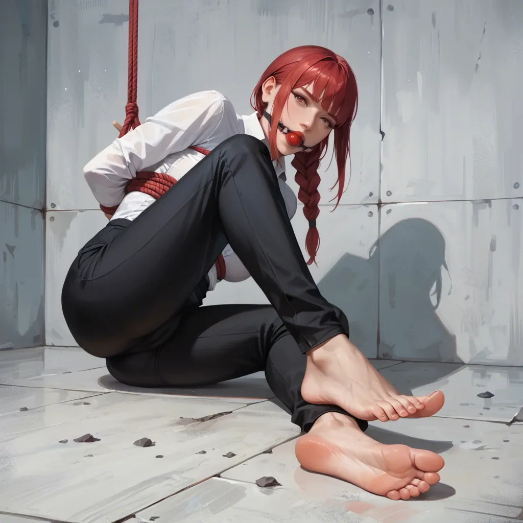 Best quality, masterpiece, ultra realistic, 4K, 8K, full body, Makima, rope bondage, red ball gag, teasing, perfect face, perfect feet, perfect soles, 5 toes, beautiful eyes, white shirt, black trousers, black necktie, no shoes, rope bondage, tightest bondage, rope hogtied, red ball gag, front view