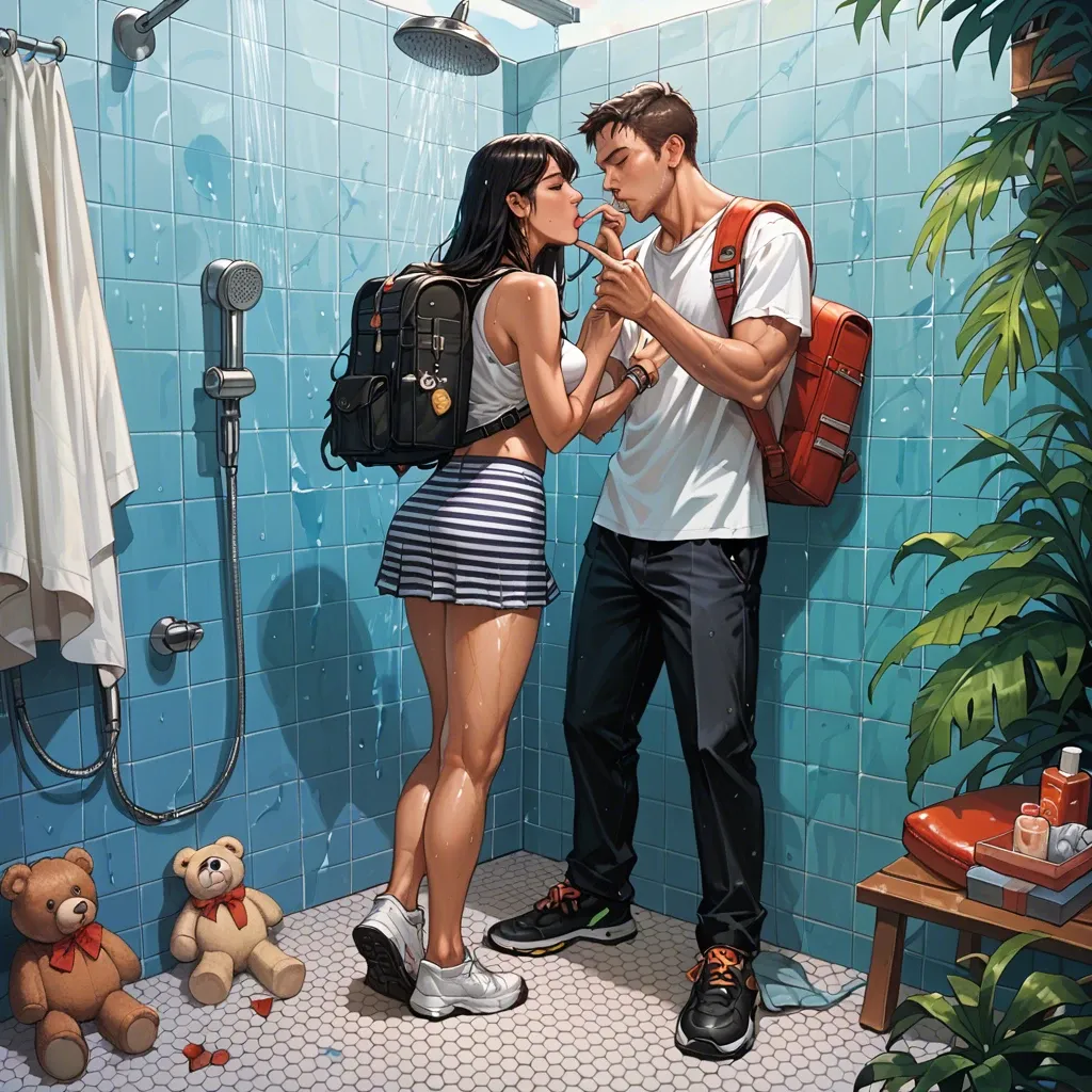 1girl,1boy, , , , eyes wide open,sucking finger,big perky boobs,backpack,bare shoulders, plain t-shirt,striped skirt,rings,teddy,shoes, shower, at the beach, spaceship, detailed skin, dark grey eyes, zelda, spider-gwen, miku hatsune