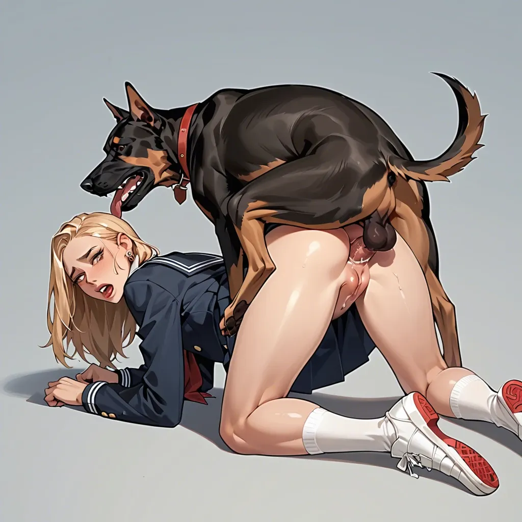 rear view, (ass fucked by dog), (zoophilia), shoulder length hair, brown eyes, blonde, school uniform, earring, (femboy with cock), with huge dog, (on all fours), under dog, (ass fucked by dog), cum blast, red dog cock fucks ass, anal sex, knotty penis, detailed, fetish, anal creampie, cum blast, top down, doggy style, ahegao, horny, smiling, facing viewer, in an alley, late night,