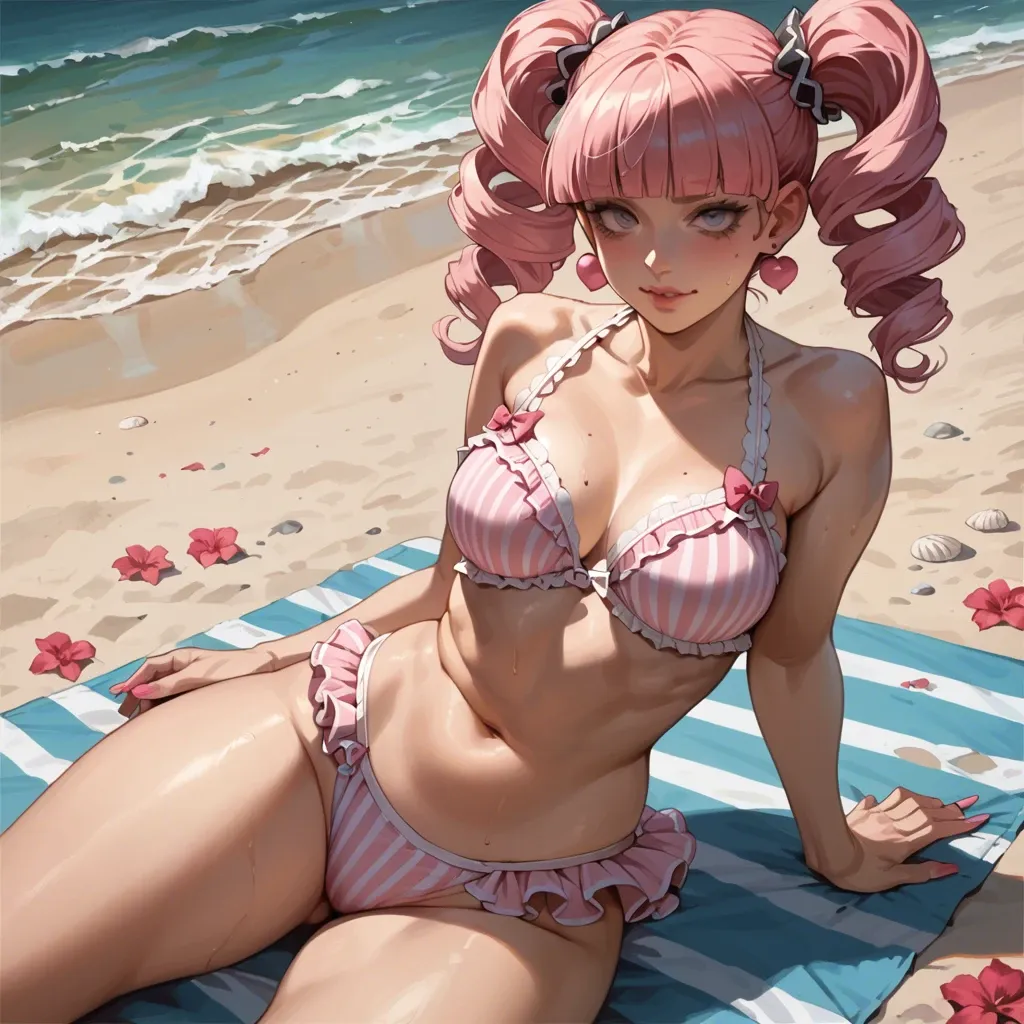 1girl, manga style, vanilla, front view, perona (One Pièce),big boobs, horny face, age gap, sit on the beach, large hips, bubble butt, pink lacy bikini, sexy pose, perfect body, pink curly hair