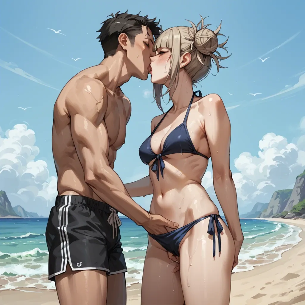 1boy, 1girl, himiko toga, beach, standing, kissing, bikini, swimming trunks, fingering