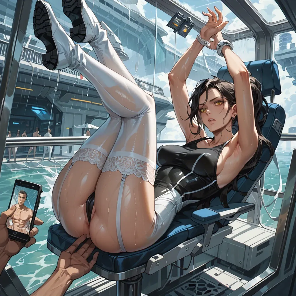 1girl,1boy, , , , yellow eyes,legs in air,perky breasts,thin waist,ankles, tight tank top,lace stockings,jewelry,string bodysuit,white boots, glass shower, at the river, spaceship, phone screen, anime coloring, very dark skin, zelda, elsa, rapunzel waifu