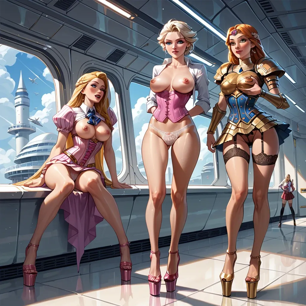 School uniform, sexy, seductive, lace, lace panties, pink corset, platform heels, gold armor, round breast, spaceship, 3girls, Zelda, Elsa, Rapunzel, waifu, school, hotel, fondling