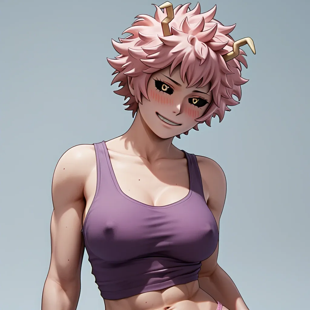 3D, Mina Ashido from My Hero Academia, clean detailed face, pink cotton panties, tank top, seducing challenging smirk, blushing