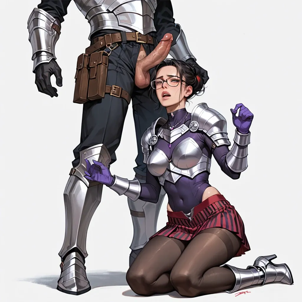 1girl,1boy, , , , dimples,perfect hands,perky big tits,medium stomach,purple necklace, skirt,striped skirt,opaque glasses,micro thong,armored boots, red skirt,tights,glasses,leotard aside,heels, showering, sparkles, tavern setting, dildo sex, realistic photo,