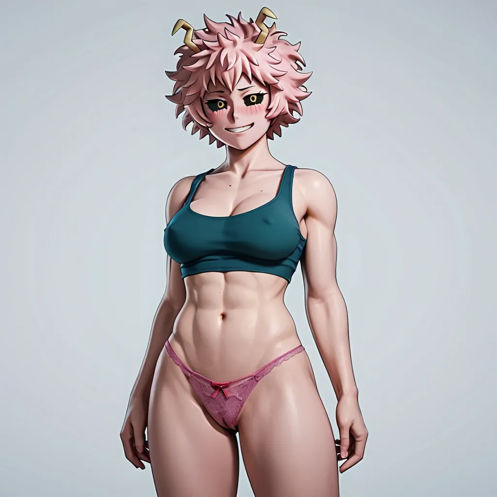 3D, Mina Ashido from My Hero Academia, clean detailed face, pink cotton panties, tank top, seducing challenging smirk, blushing