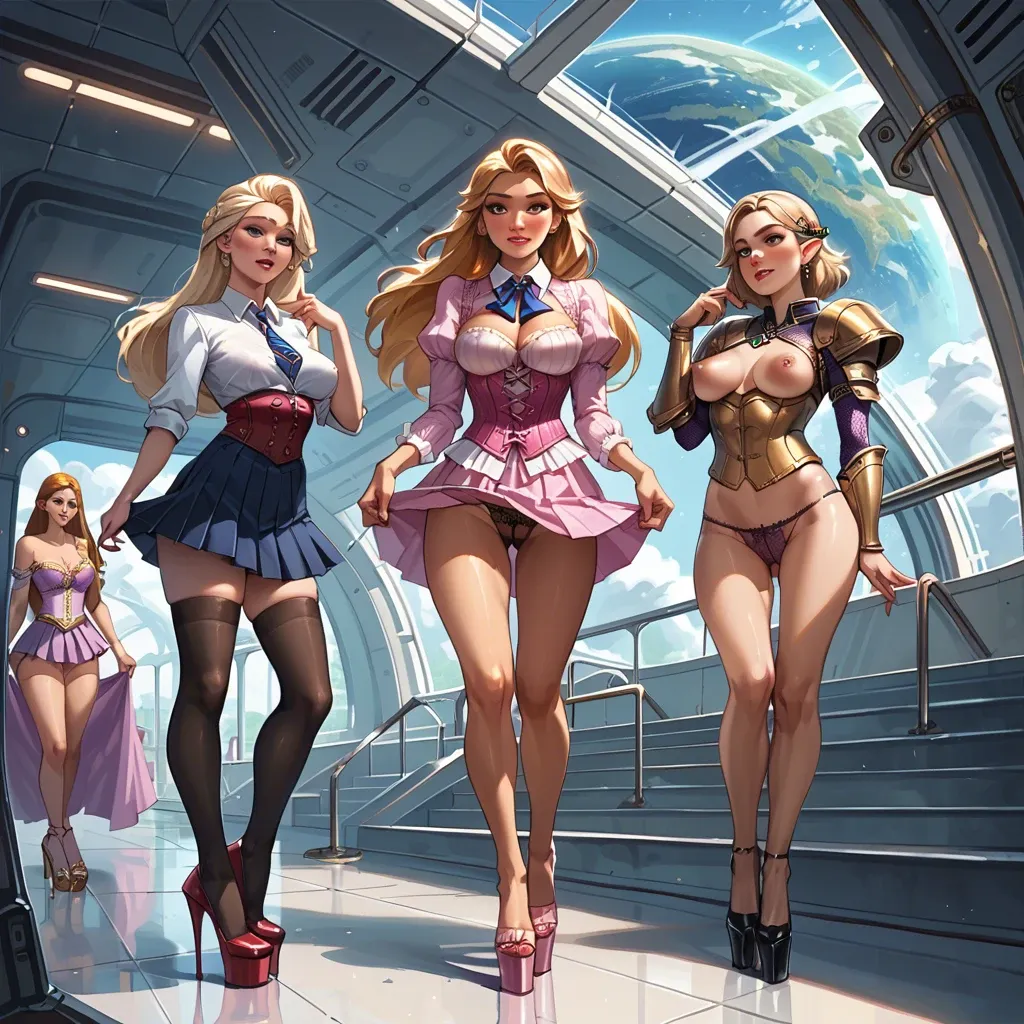 School uniform, sexy, seductive, lace, lace panties, pink corset, platform heels, gold armor, round breast, spaceship, 3girls, Zelda, Elsa, Rapunzel, waifu, school, hotel