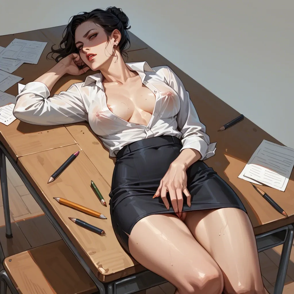 1girl,solo,,, woman lounging on desk, pencil skirt, hair in a bun, unbuttoned shirt, high quality, good anatomy