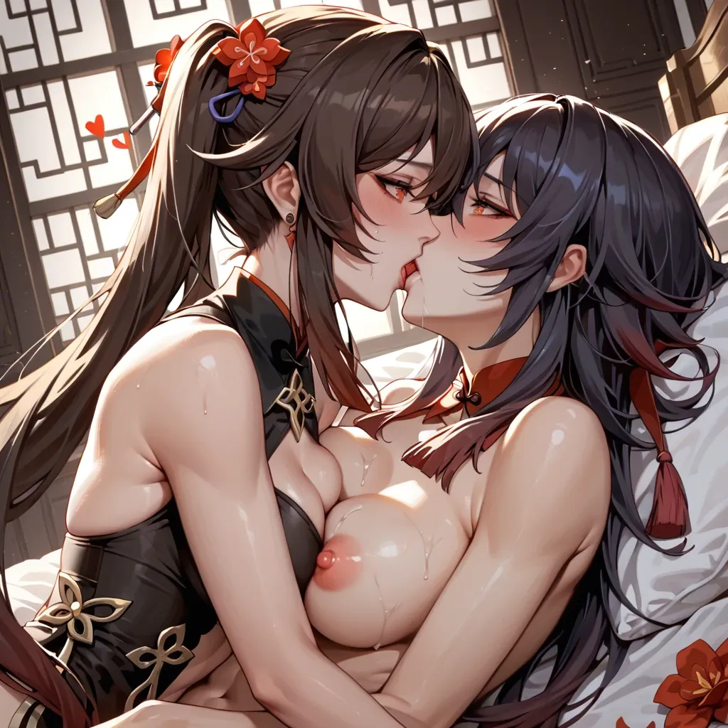 Kirara kiss on Hu Tao, 2girl, kiss, genshin impact, 4k, Yuri